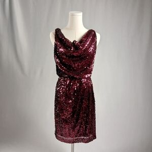 Aqua Burgundy Sequin Cowl-Neck Cocktail Dress 4